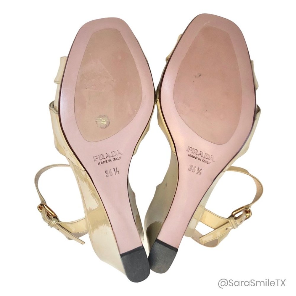 PRADA Nude Designer Patent Leather Wedge Sandals - Picture 6 of 10